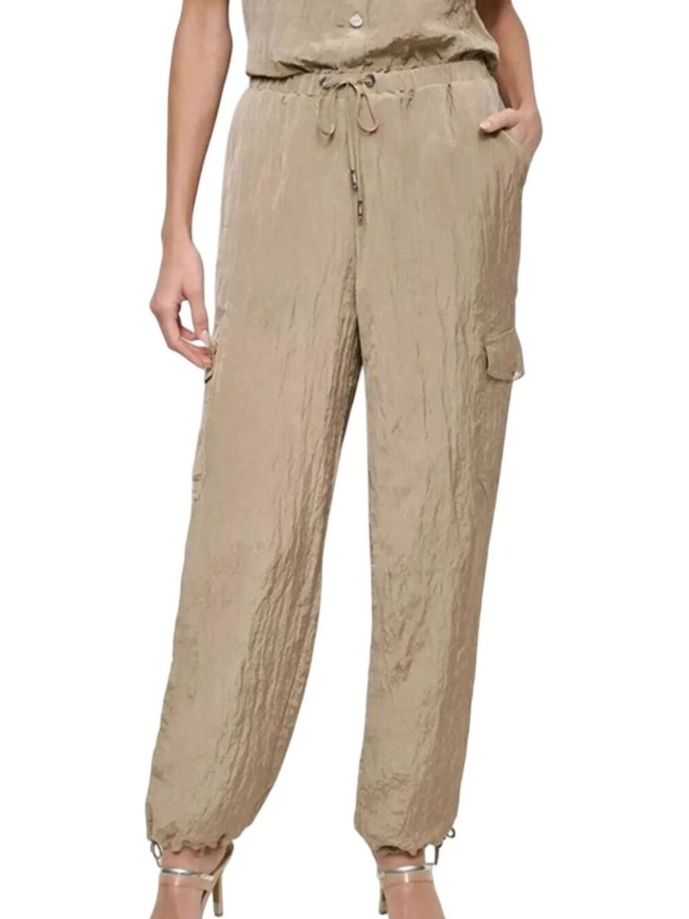 DKNY Womens Tech Crinkle Cargo Joggers~Size XL~Taupe Luxury Pants NWT L18 07